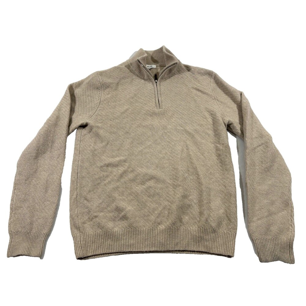 Reiss Mens Wool Blend Beige 1/4 Zip Pullover Sweater Long Sleeves Luxury Sz L